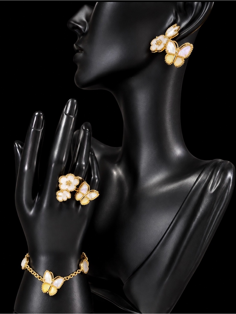 Gold-Tone Mother of Pearl Butterfly Flower Jewelry Set - Women
